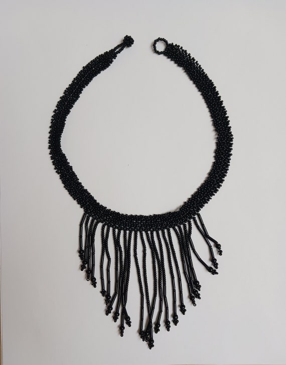 Art Deco Black Glass Seed Bead Fringe Choker - image 6