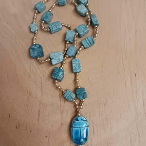 Vintage Scarab Pendant Faience Beaded Necklace