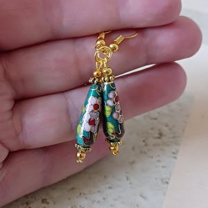 Green Pink Cloisonne Teardrop Bead Dangle Bead Drop Gold Tone Pierced Earrings