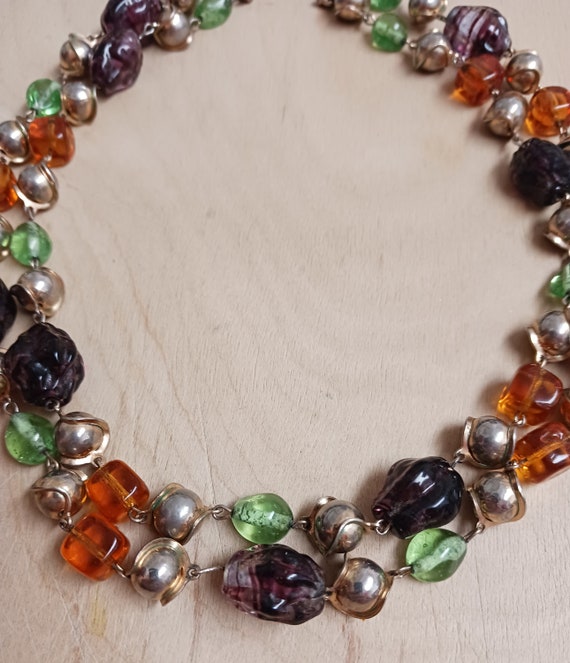 Vintage Purple Green Orange Silver Beaded Two Str… - image 4