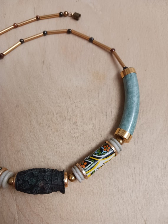 Unique Vintage Ceramic Jade Tube Beaded Necklace - image 8