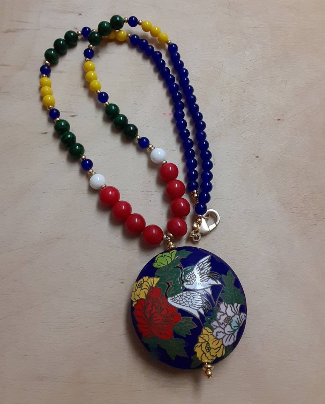 Cloisonne Pendant Glass Bead Necklace Etsy