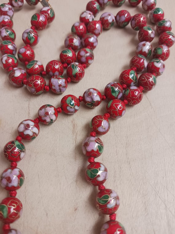 Vintage Red Cloisonne Bead Necklace Gem