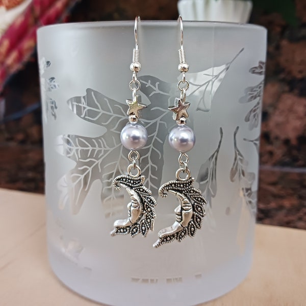 Silver Moon Star Purple Pearl Dangle Drop Earrings