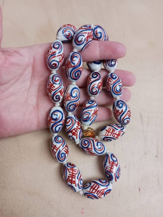 Vintage Extra Large Oval Red Blue Swirl Chinese P… - image 1