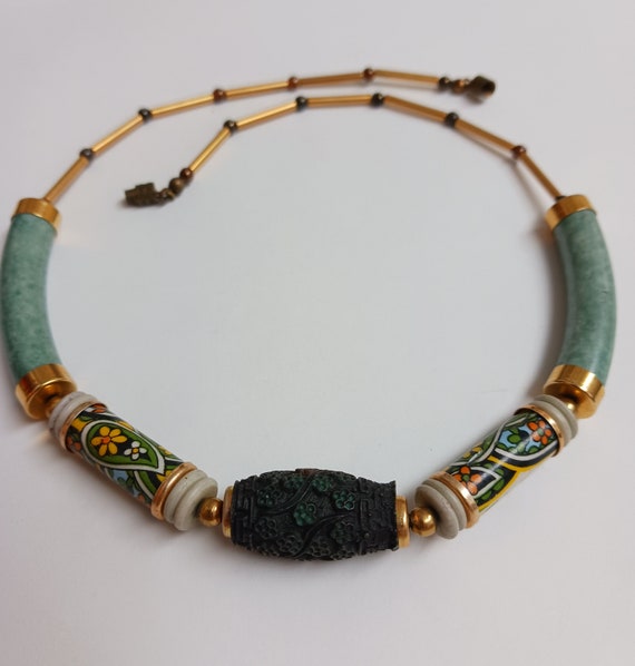 Unique Vintage Ceramic Jade Tube Beaded Necklace - image 3