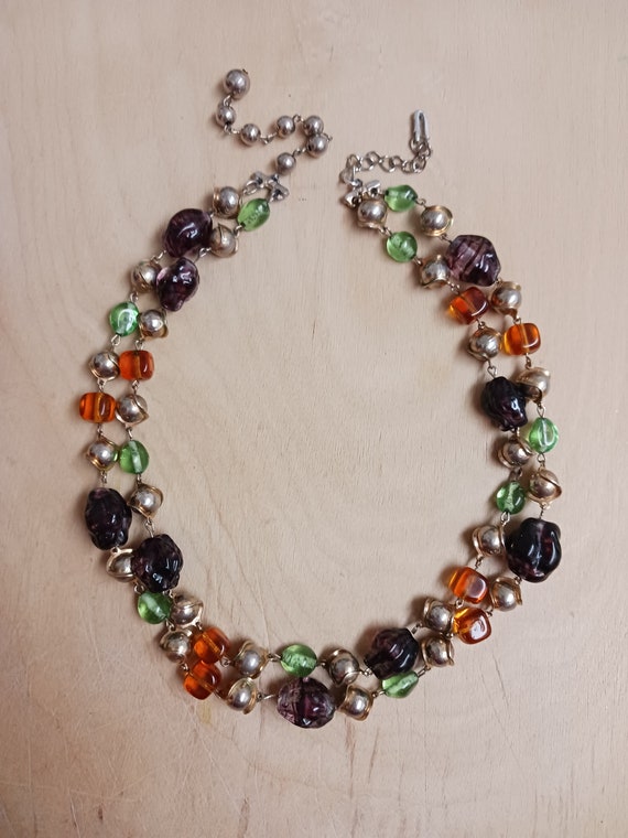 Vintage Purple Green Orange Silver Beaded Two Str… - image 3