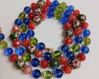 Green Cloisonne Blue Glass Coral Stone Beaded Necklace
