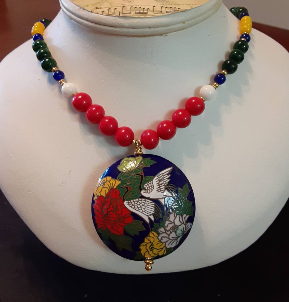 Cloisonne Pendant Glass Bead Necklace Etsy