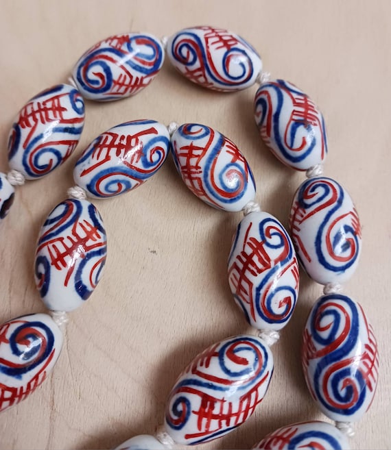 Vintage Extra Large Oval Red Blue Swirl Chinese P… - image 6