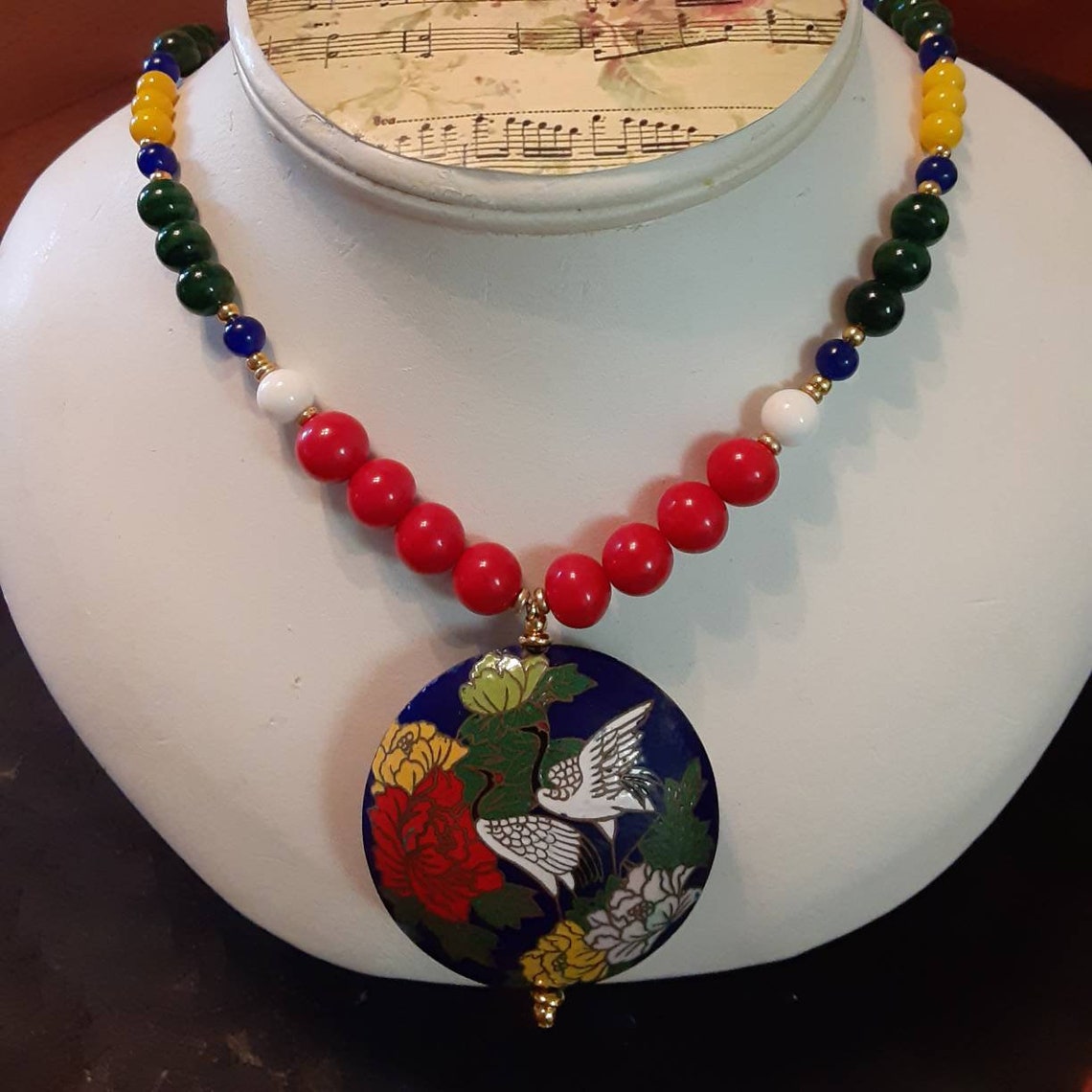 Cloisonne Pendant Glass Bead Necklace Etsy