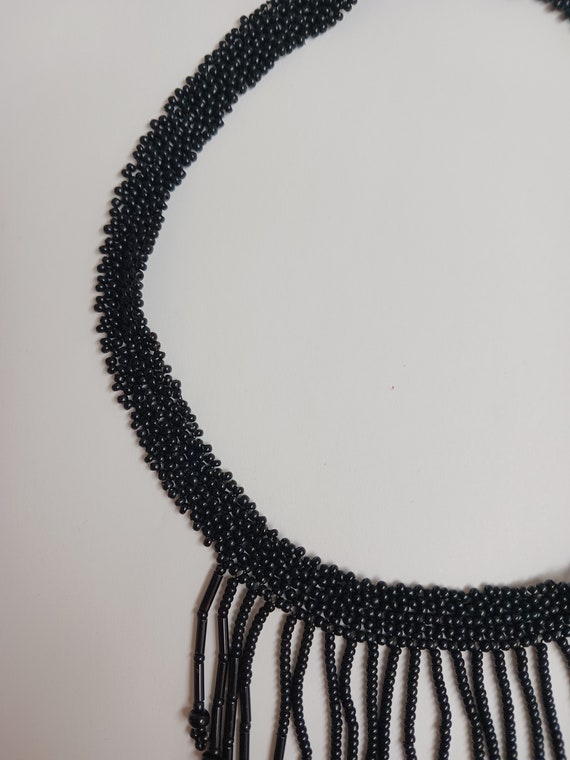 Art Deco Black Glass Seed Bead Fringe Choker - image 2