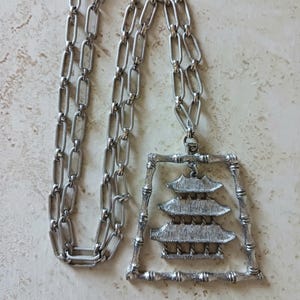 Vintage Silver Tone Chinese Pagoda Pendant Necklace