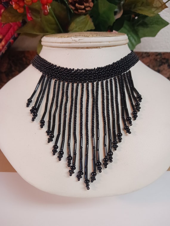 Art Deco Black Glass Seed Bead Fringe Choker - image 1