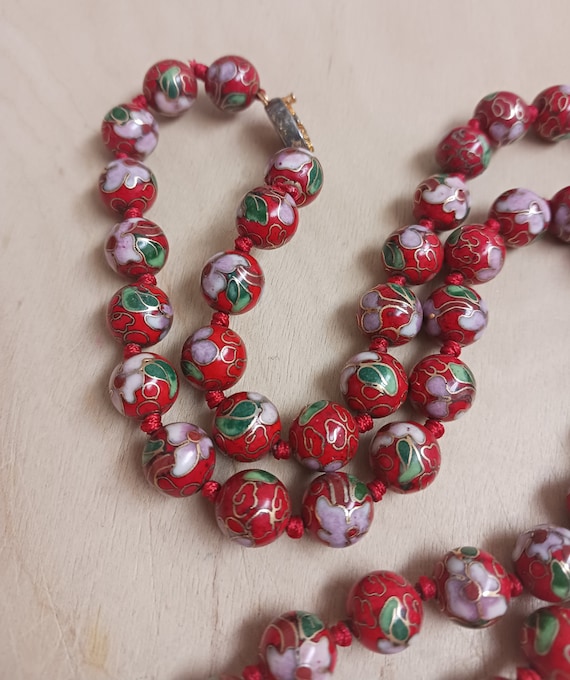 Vintage Red Cloisonne Bead Necklace Gem