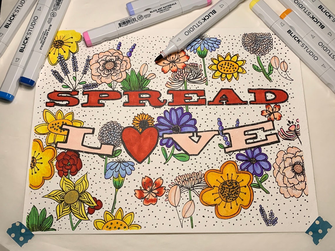 Spread Love. Coloring Page. Digital Download. Printable Coloring Page