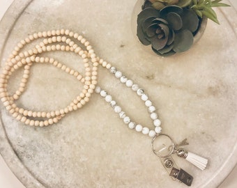 Wood & Marble Bead Lanyard - Teacher Nurse Gift, Badge Holder