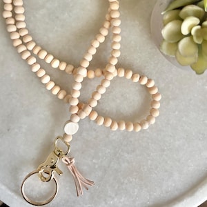Lanyard-Natural Wood Bead with Badge Tag/Lobster Clip - Mask Lanyard- Teacher Lanyard, Nurse- Wood Bead Lanyard