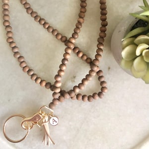 Natural Wood With Gold Bead Lanyard Flexible String Bead Badge Holder