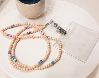 Wood Bead Lanyard with Heart Accents, Teacher ID Badge Necklace