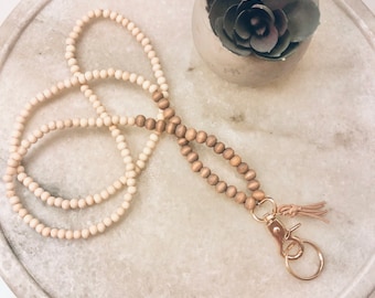 Wood Bead Lanyard with Tassel, Badge Holder