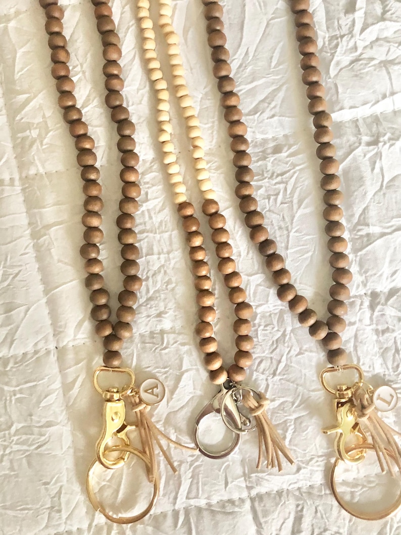 Natural Wood With Gold Bead Lanyard Flexible String Bead Badge Holder image 3