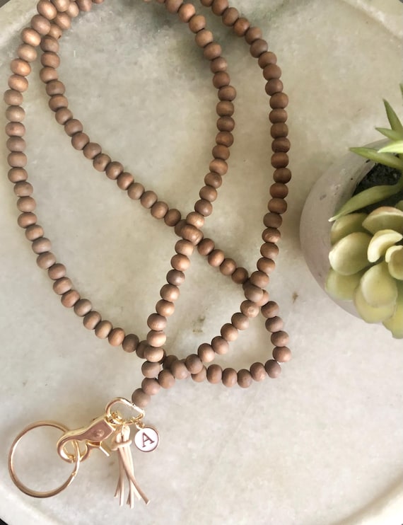 Natural Wood With Gold Bead Lanyard Flexible String Bead Badge Holder