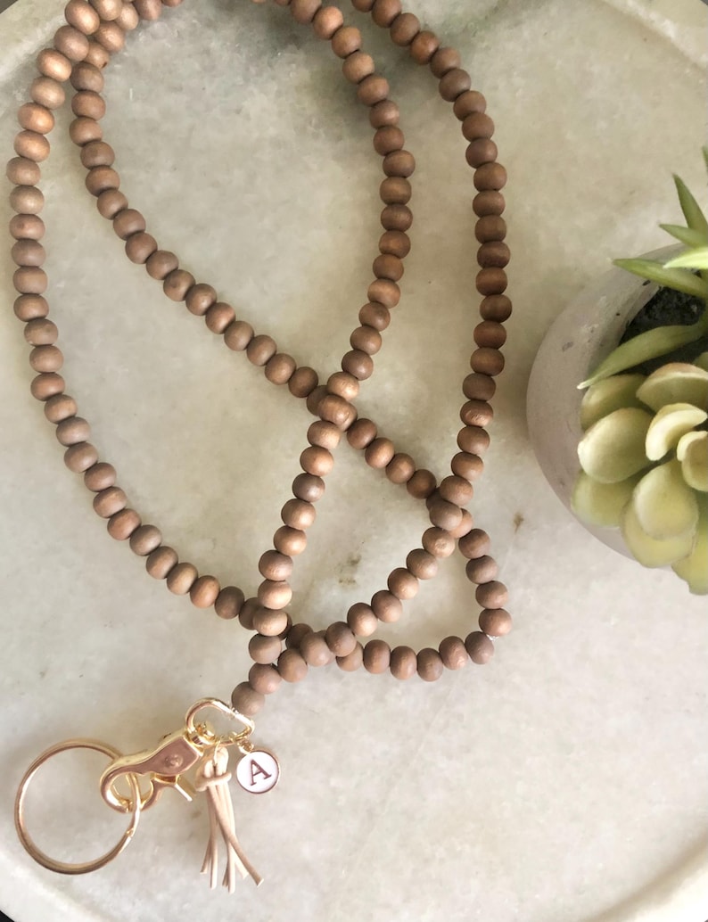 Natural Wood With Gold Bead Lanyard Flexible String Bead Badge Holder image 1