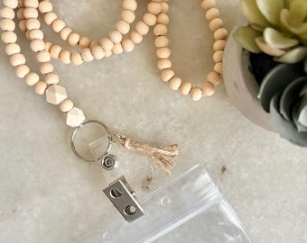 Natural Wood Bead Lanyard – Badge & Mask Holder