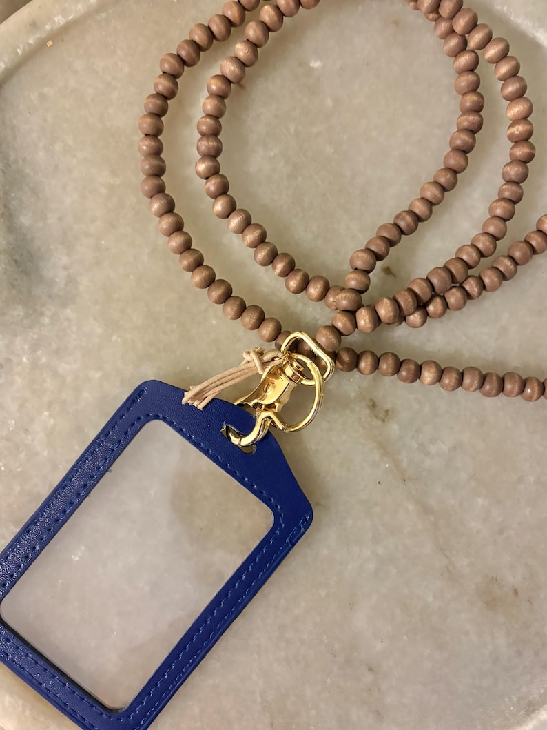 Natural Wood With Gold Bead Lanyard Flexible String Bead Badge Holder image 4