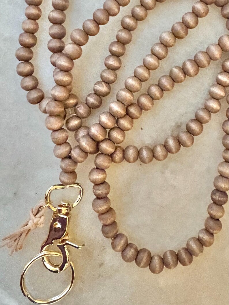 Natural Wood With Gold Bead Lanyard Flexible String Bead Badge Holder image 2