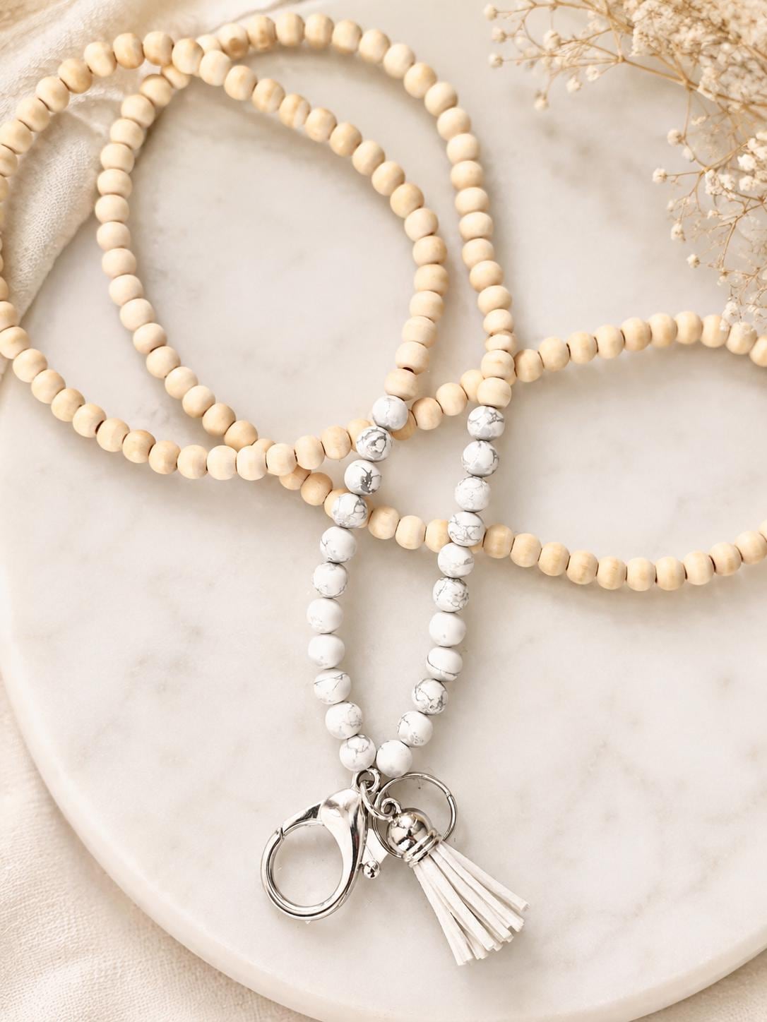 Wood & Marble Bead Lanyard - Teacher Nurse Gift, Badge Holder