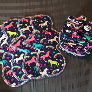 Set/16  Unicorn & Rainbows Reusable Menstrual Pads  Starter Set  (Momma Cloth, Lady Pads) With Free 6'' Wet Bag