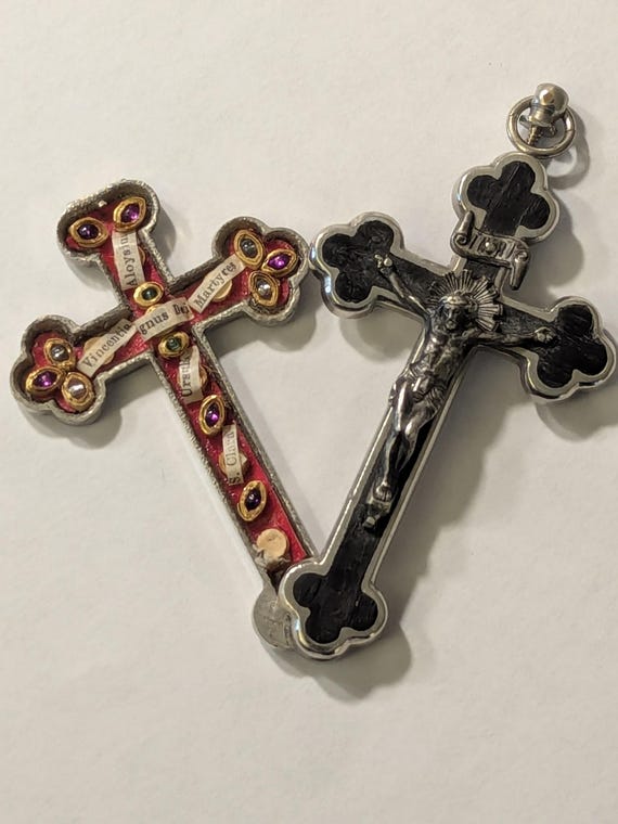Antique reliquary cross crucifix pendant ebony catholic relics of 7 Saints