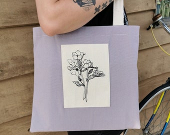 Hellebore Botanical Shoulder Tote - Handmade by TheCosmicQueers, recycled, reclaimed, hand screen printed, hand drawn, plants, nature, line