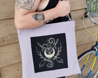 Crossed Broomsticks Shoulder Tote (Lavender) - Handmade by TheCosmicQueers, recycled, reclaimed, screen printed, hand drawn, lunar, witch