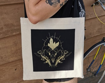 Ram Skull with Botanicals and Crystals Shoulder Tote - Handmade by TheCosmicQueers, recycled, reclaimed, screen printed, hand drawn, sheep