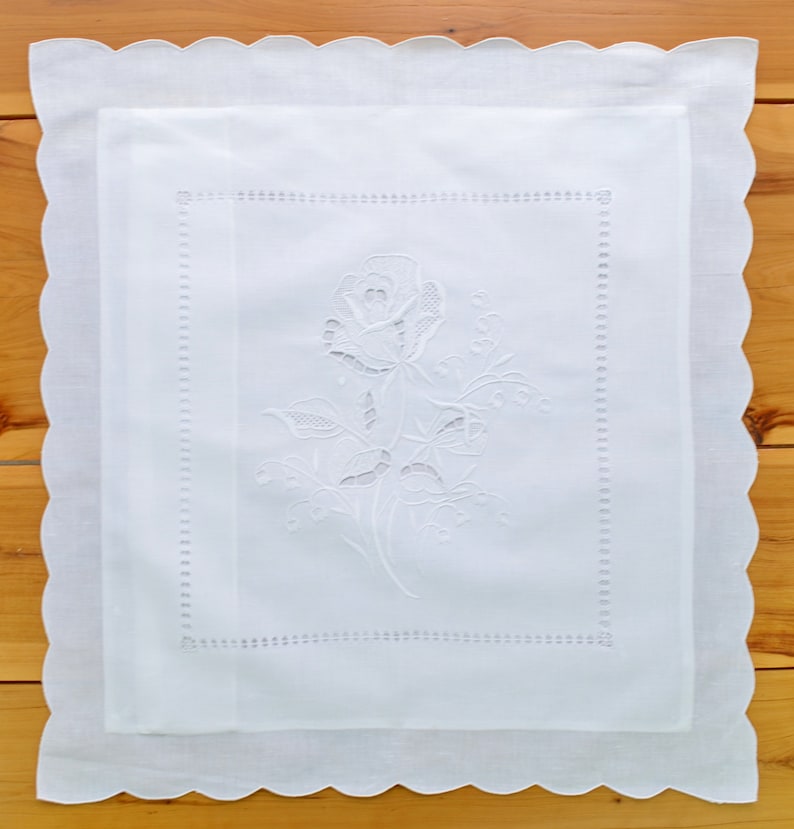 Hand Embroidered Rose 22 Square Pure Linen White Throw Pillow Case Square Pillow Cover Shabby Chic Boudoir PillowCushion Cover