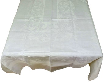 Vintage Large Irish Damask Linen Banquet Tablecloth 64" x 108" White Weight Grade Sweeping Leaves, Special Offer 50% Off