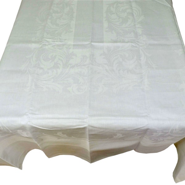 Vintage Large Irish Damask Linen Banquet Tablecloth 64" x 108" White Weight Grade Sweeping Leaves, Special Offer 50% Off