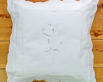 Shabby Chic Poduszka buduar/Poszewka, rzucać poduszki przypadku, kwadratowa Poduszka okładka, haftowane ręcznie Rose 22 "Square Pure lniane biały