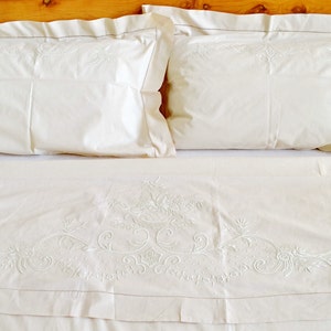 Vintage Bed Linen, 3 Pieces, 1 Flat Sheet, 2 Pillow Cases 100% Cotton, Hand Embroidery, Hemstitch Finish border