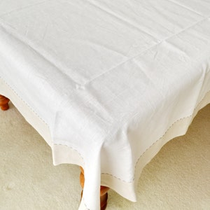 Pure Linen Tablecloth White with Natural Gray Linen Frame Border and Hand Stitched Decor Napkins Shabby Chic Cottage Decor