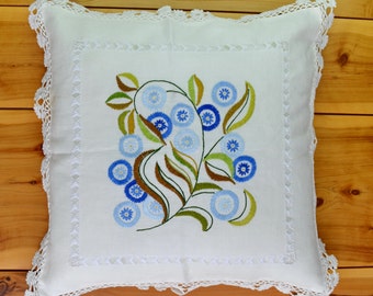 Vintage Poszewka, wyrzucić koperta poduszki, kwadratowa Poszewka, ręcznie haftowane kwiat 19 "Square