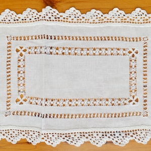 Pure Linen Placemats, Needle Crochet Lace, draw thread and Crochet Lace Edge Shabby Chic Tablecloth Decor, White Linen, Hand embroidered
