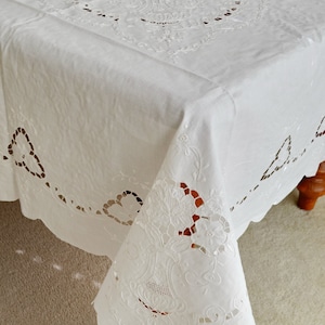 Banquet Oblong Linen Tablecloth, Shabby Chic Decor Linen 72&quot; x 108&quot; Long Tablecloth Hand Made Embroidery White Wedding Gift