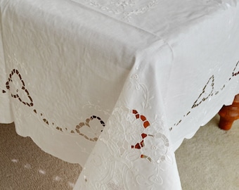Banquet Oblong Linen Tablecloth, Shabby Chic Decor Linen 72" x 108" Long Tablecloth Hand Made Embroidery White Wedding Gift