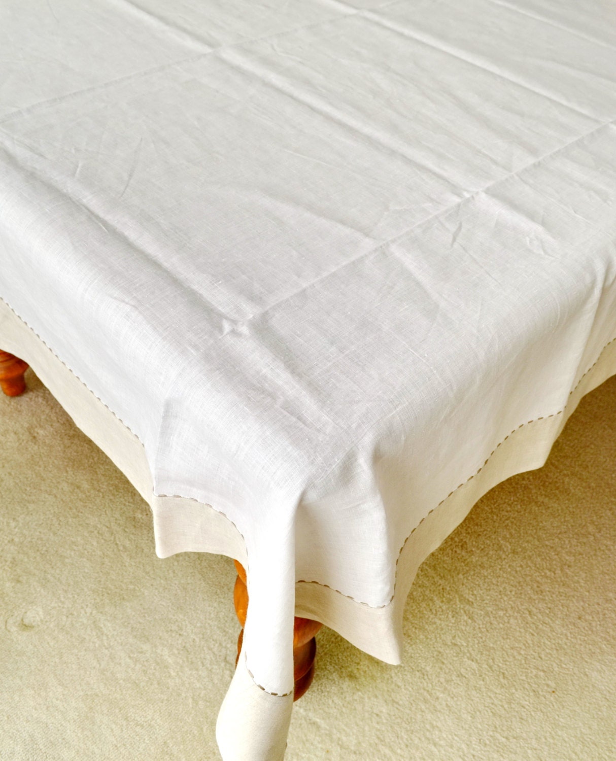 Pure Linen Tablecloth White With Natural Gray Linen Frame Border and