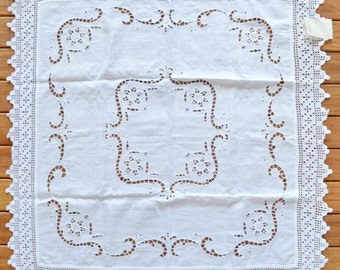 Vintage Leinen Häkelspitze Tischdecke Handstickerei, Kaffee Tee Tischdecke Quadrat 150 cm Weiß Shaby Chic Cottage Dekor BrandNeu