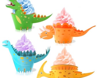 Dinosaur Cupcake Holder, Cartoon Dinosaur Cupcake Decor, Birthday Party, Dinosaur Theme Party, Blue Green Orange Dinosaur Cupcakes, Dino